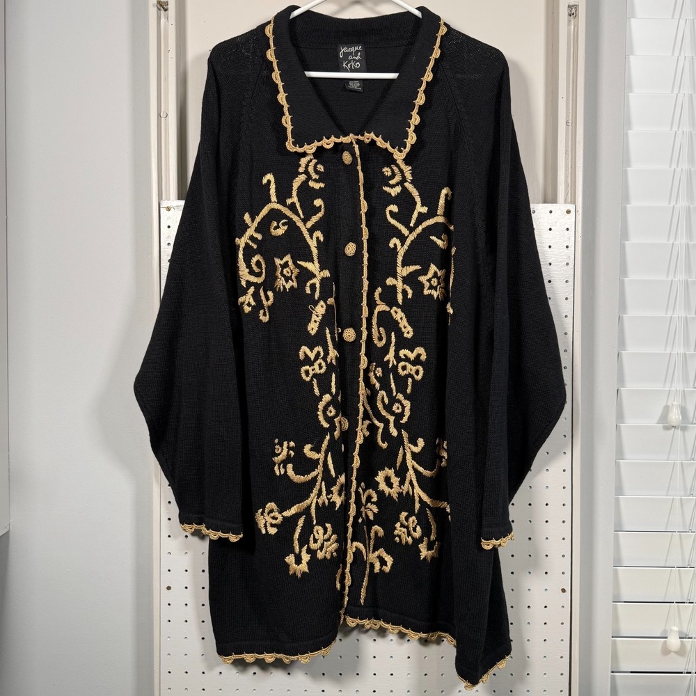 Jacque &‎ Koko Long Cardigan Women's 22/24 Black Floral Knit Long Sleeve Sweater